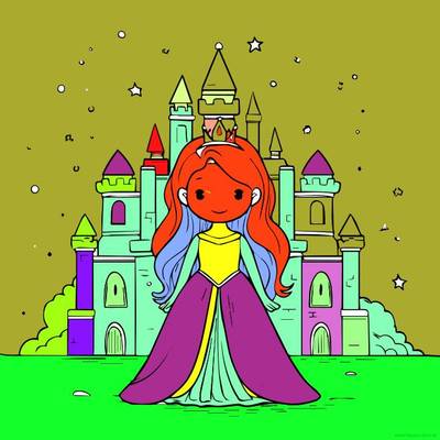 Ausgemalte Version: Prinzessin und Schloss Szene