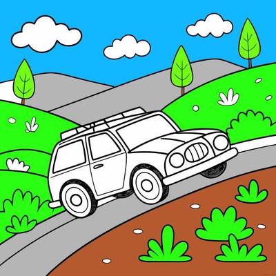 Ausgemalte Version: SUV auf einer Hügelstraße