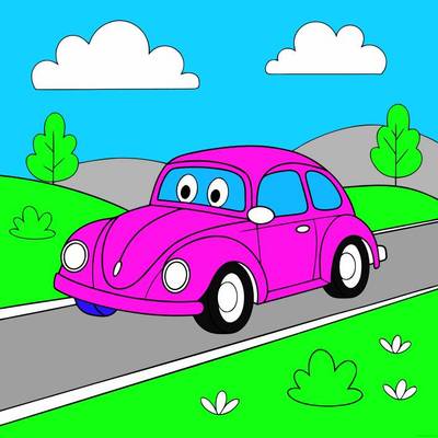 Ausgemalte Version: Cartoon-Auto auf einer Landstraße