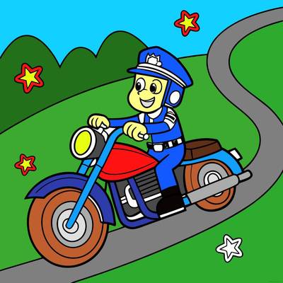 Ausgemalte Version: Polizist fährt Motorrad