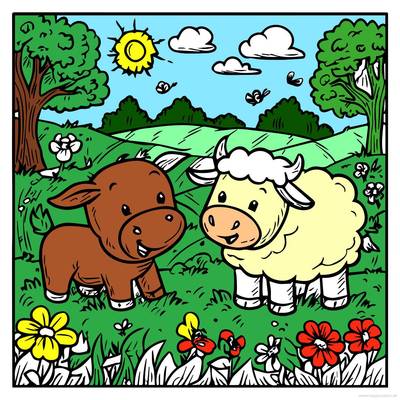 Farvelagt version: Gårddyr på en solrig mark