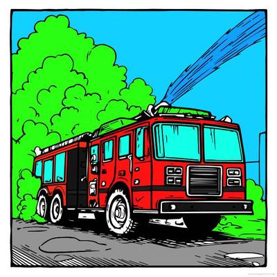 Ausgemalte Version: Feuerwehrauto spritzt mit Wasser