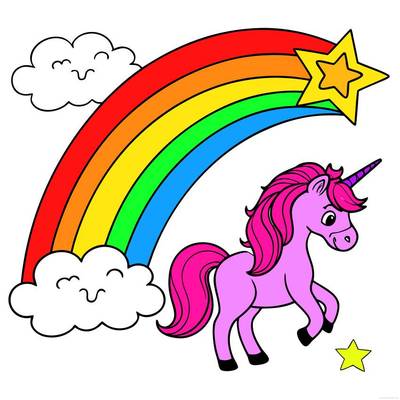 Ausgemalte Version: Einhorn unter einem Regenbogen