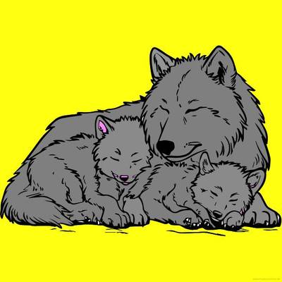 Colored version: Mother wolf with her pups