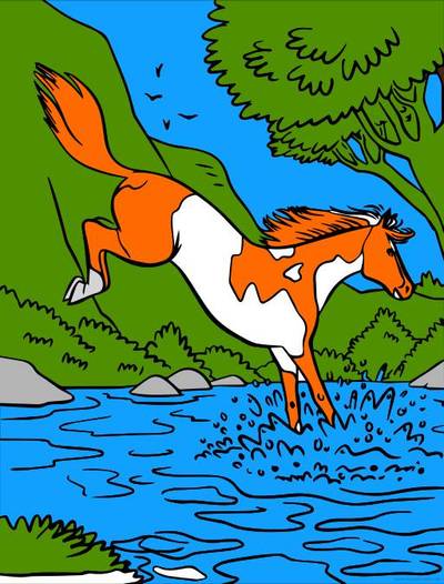 Ausgemalte Version: Pferd am Fluss