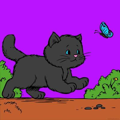 Fargelagt versjon: Katt som jager en sommerfugl