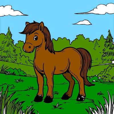 Ausgemalte Version: Süßes Pony in der Natur