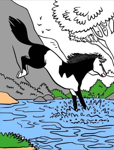 Ausgemalte Version: Pferd am Fluss