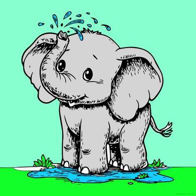 Versão colorida: Elefante fofo com spray de água.