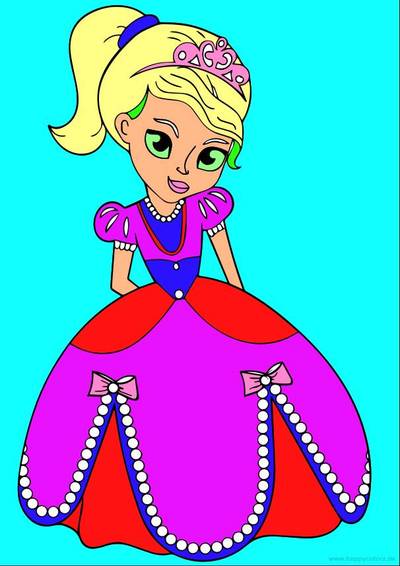 Ausgemalte Version: Prinzessin mit Puffärmelkleid und Schleifen