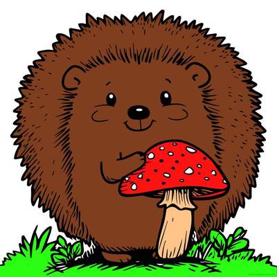 Ausgemalte Version: Süßer Igel mit Pilz