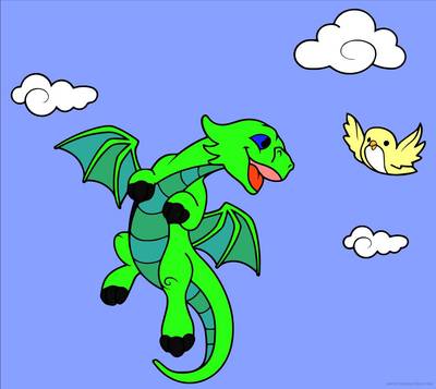 Ingekleurde versie: Draak met vogel en wolken