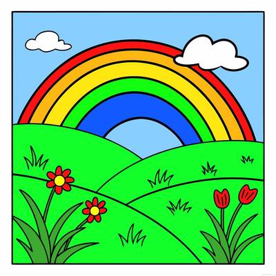 Ausgemalte Version: Regenbogen über Hügeln und Blumen