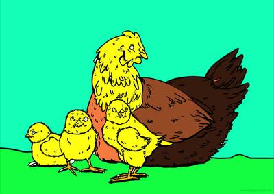 Ausgemalte Version: Henne mit drei Küken