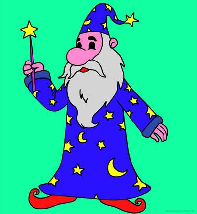 Färglagd version: Trollkarl med trollstav och stjärnklänning