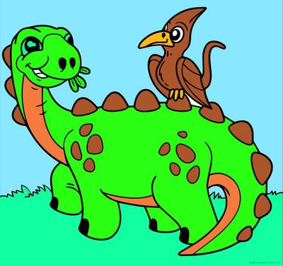 Ingekleurde versie: Grappige dinosaurus met vogel