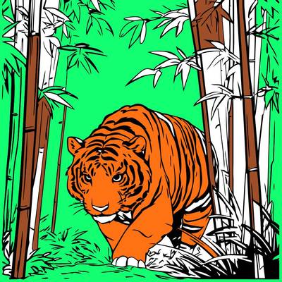 Väritetty versio: Tiikeri bambumetsässä