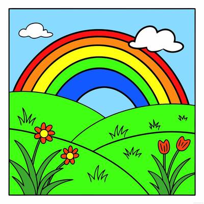 Ausgemalte Version: Regenbogen über Hügeln und Blumen