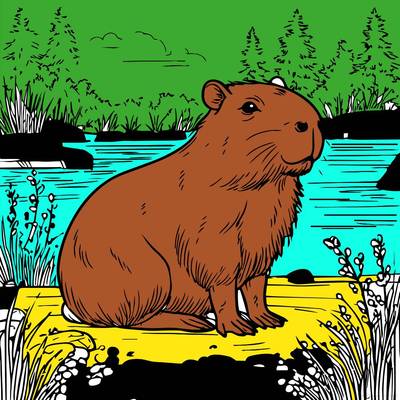 Colored version: Capybara by the river