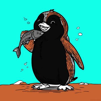 Farvelagt version: Glad pingvin med fisk
