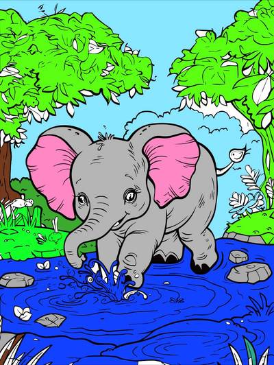 Ausgemalte Version: Elefantenbaby planscht im Wasser