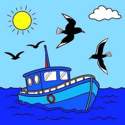 Ausgemalte Version: Fischerboot mit Möwen