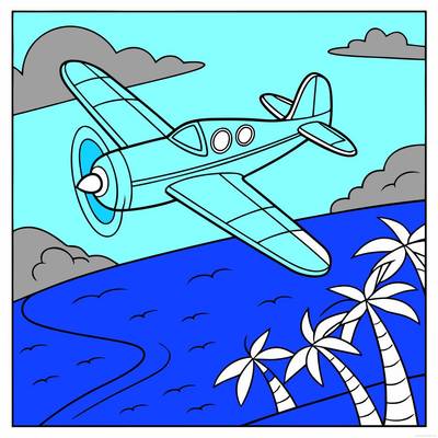 Ausgemalte Version: Flugzeug über tropischer Insel