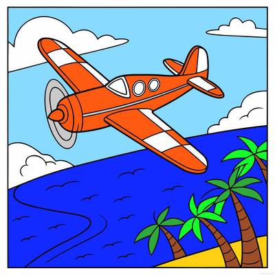 Ausgemalte Version: Flugzeug über tropischer Insel