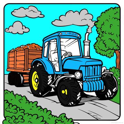 Ausgemalte Version: Traktor auf einer Landstraße
