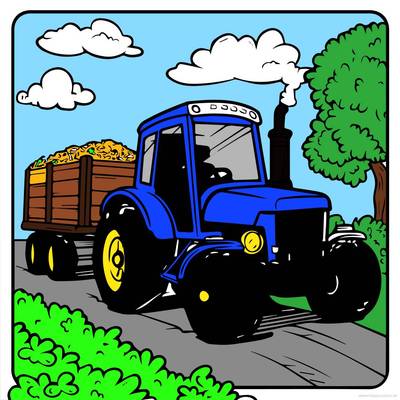 Ausgemalte Version: Traktor auf einer Landstraße