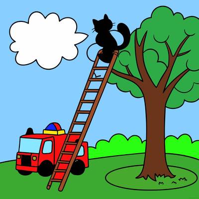 Version coloriée : Chat dans un arbre avec camion de secours