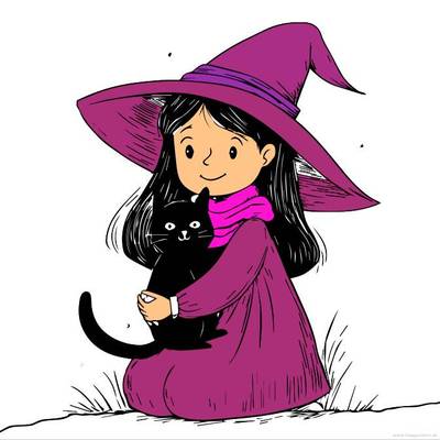 Colored version: Witch girl with her cat