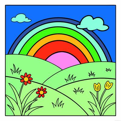 Ausgemalte Version: Regenbogen über Hügeln und Blumen