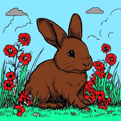 Wersja pokolorowana: Królik na polu kwiatów