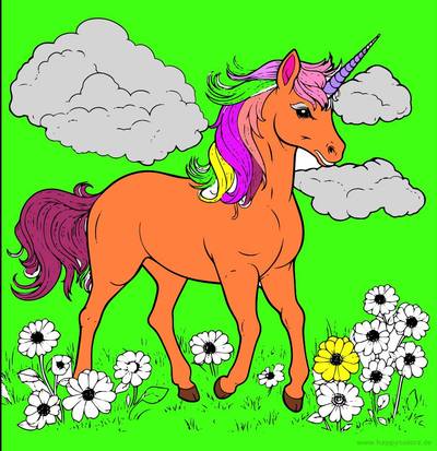Ausgemalte Version: Einhorn mit Blumen und Wolken
