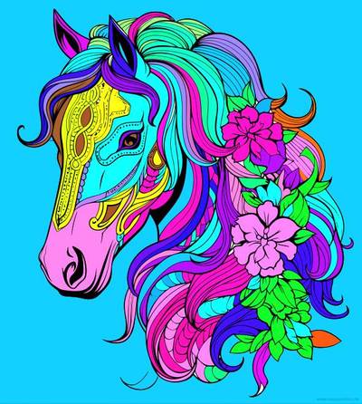 Ausgemalte Version: Pferd mit Blumen in der Mähne