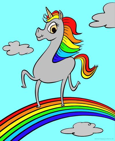 Ausgemalte Version: Einhorn auf dem Regenbogen