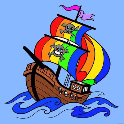 Ausgemalte Version: Piratenschiff auf Meereswellen
