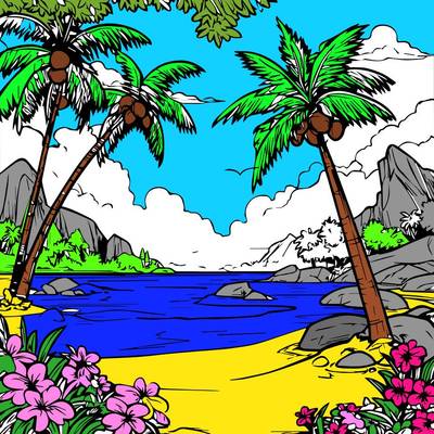 Ausgemalte Version: Tropischer Strand