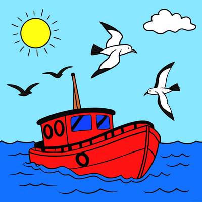 Versione colorata: Barca da pesca con gabbiani