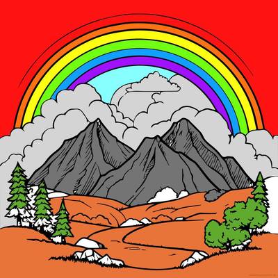 Versão colorida: Paisagem montanhosa com arco-íris