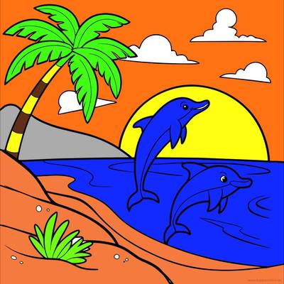 Wersja pokolorowana: Delfiny na plaży o zachodzie słońca