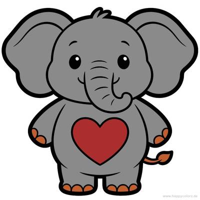 Ausgemalte Version: Kawaii-Elefant von vorn mit Herz