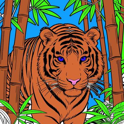 Farvelagt version: Realistisk tiger blandt bambus