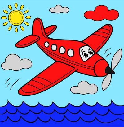 Färglagd version: Flygplan flyger över havsvågor