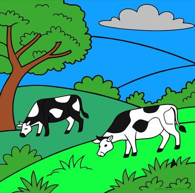 Versão colorida: Vacas pastando no pasto simples
