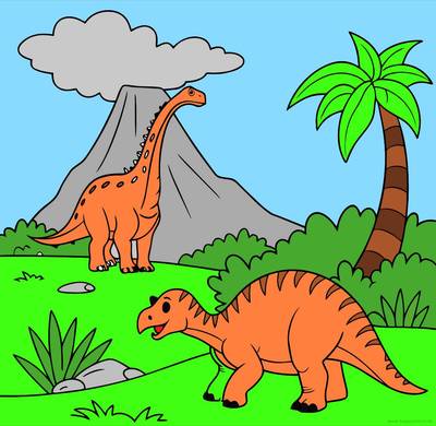 Ausgemalte Version: Dinosaurier-Szene vor einem Vulkan