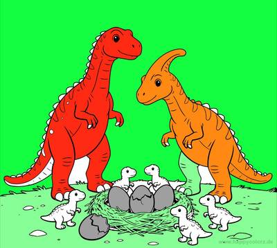 Ausgemalte Version: Dinosaurierfamilie am Nest