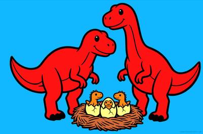 Ausgemalte Version: Dinosaurierfamilie mit schlüpfenden Jungtieren