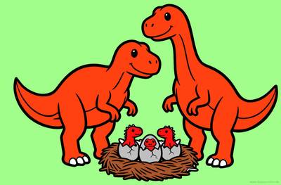 Ausgemalte Version: Dinosaurierfamilie mit schlüpfenden Jungtieren